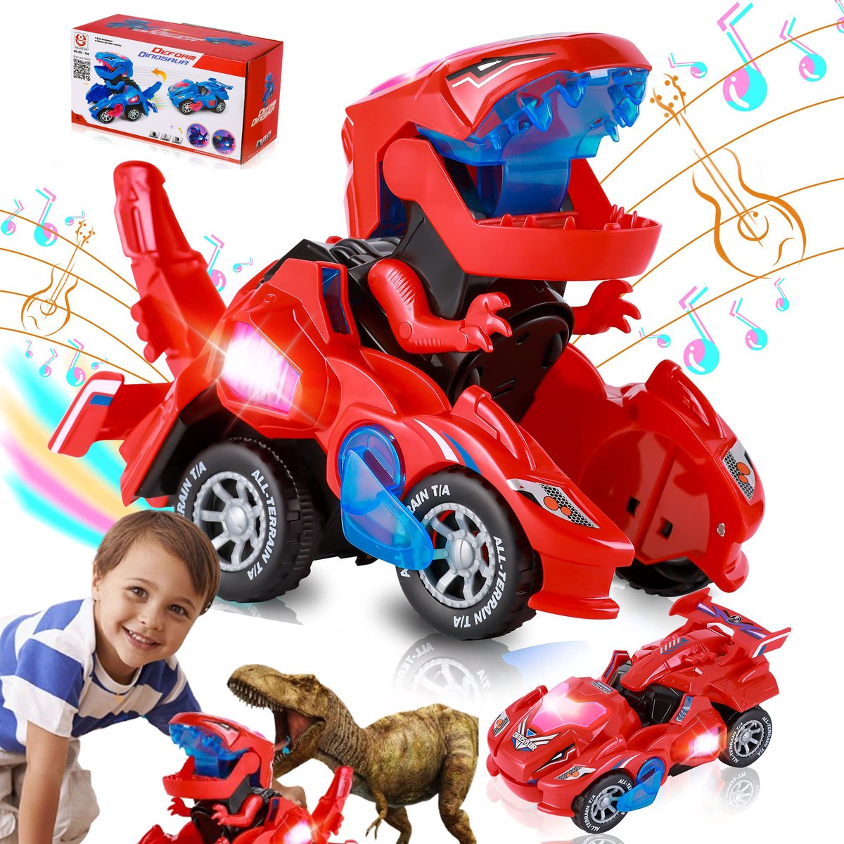 2-in-1 Transformerende Dinosaurus Auto Speelgoed, Auto Transformer Monstertruck met Licht & Geluid voor Peuters en Kinderen, Spuitverf Transformerende Auto voor Babyjongens, Dinosaurus Speelgoed, rood