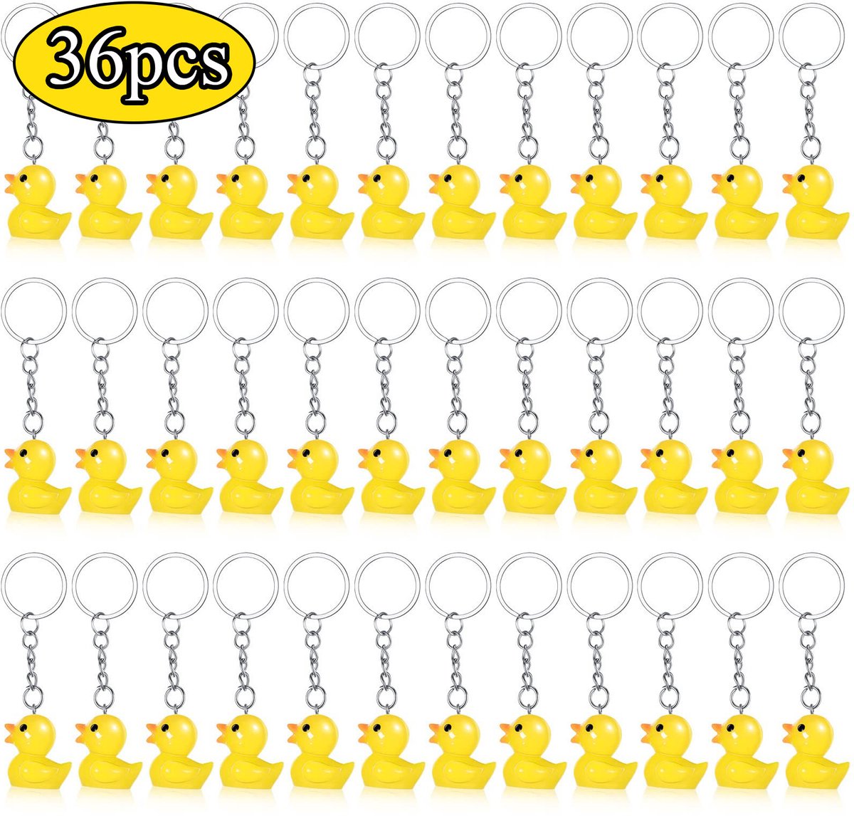 36x Plastic Eend Sleutelhangers Eend Feestgunsten Leuke 3D Kettingen Kleine Eend Hanger Accessoires voor Verjaardagsfeestjes Babyshowers, geel
