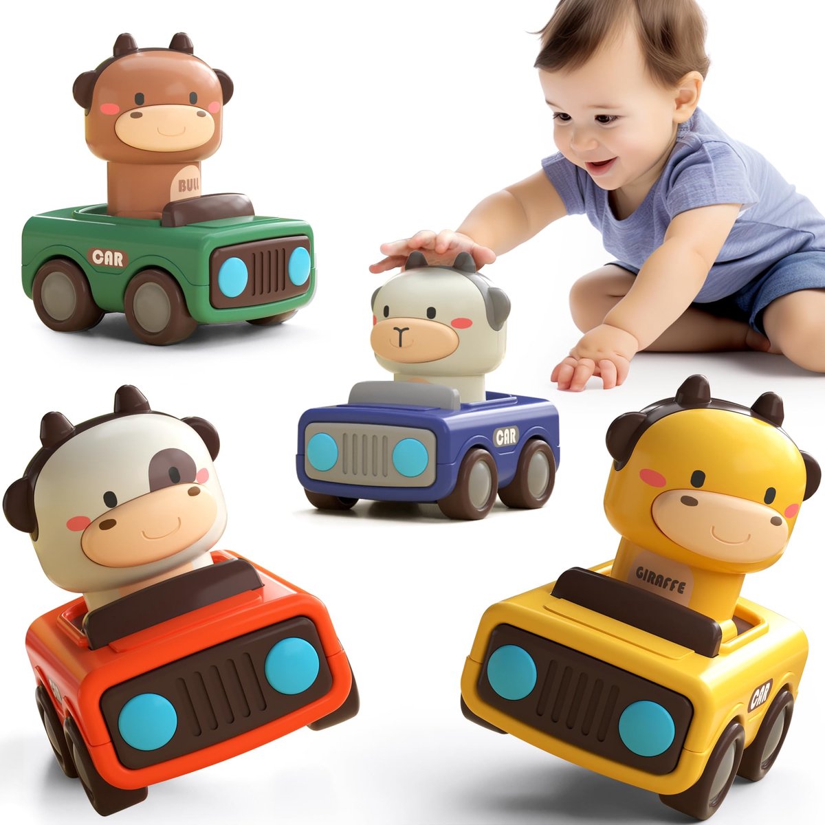 4 stuks Press to Go autospeelgoed voor peuters - Baby Animal Racing Cars - Baby Play Vehicle Set - Baby Push Go Wrijvingsautospeelgoed voor 6-9-12-18 maanden - 1-3 jaar oude jongens