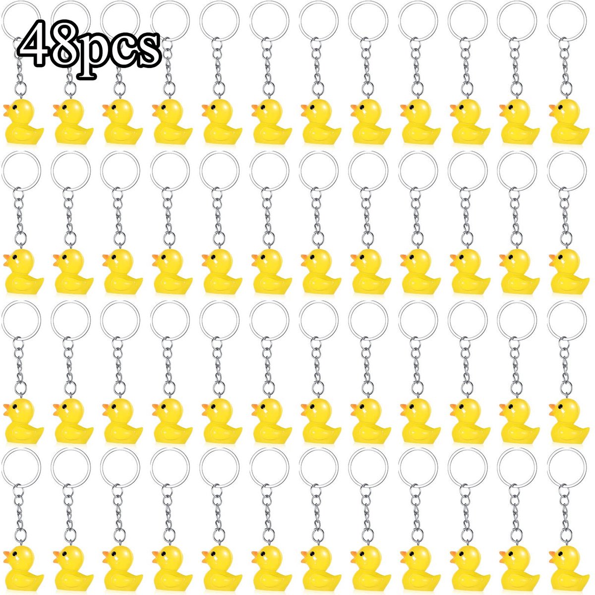 48x Plastic Eend Sleutelhangers Eend Feestgunsten Leuke 3D Kettingen Kleine Eend Hanger Accessoires voor Verjaardagsfeestjes Babyshowers, geel