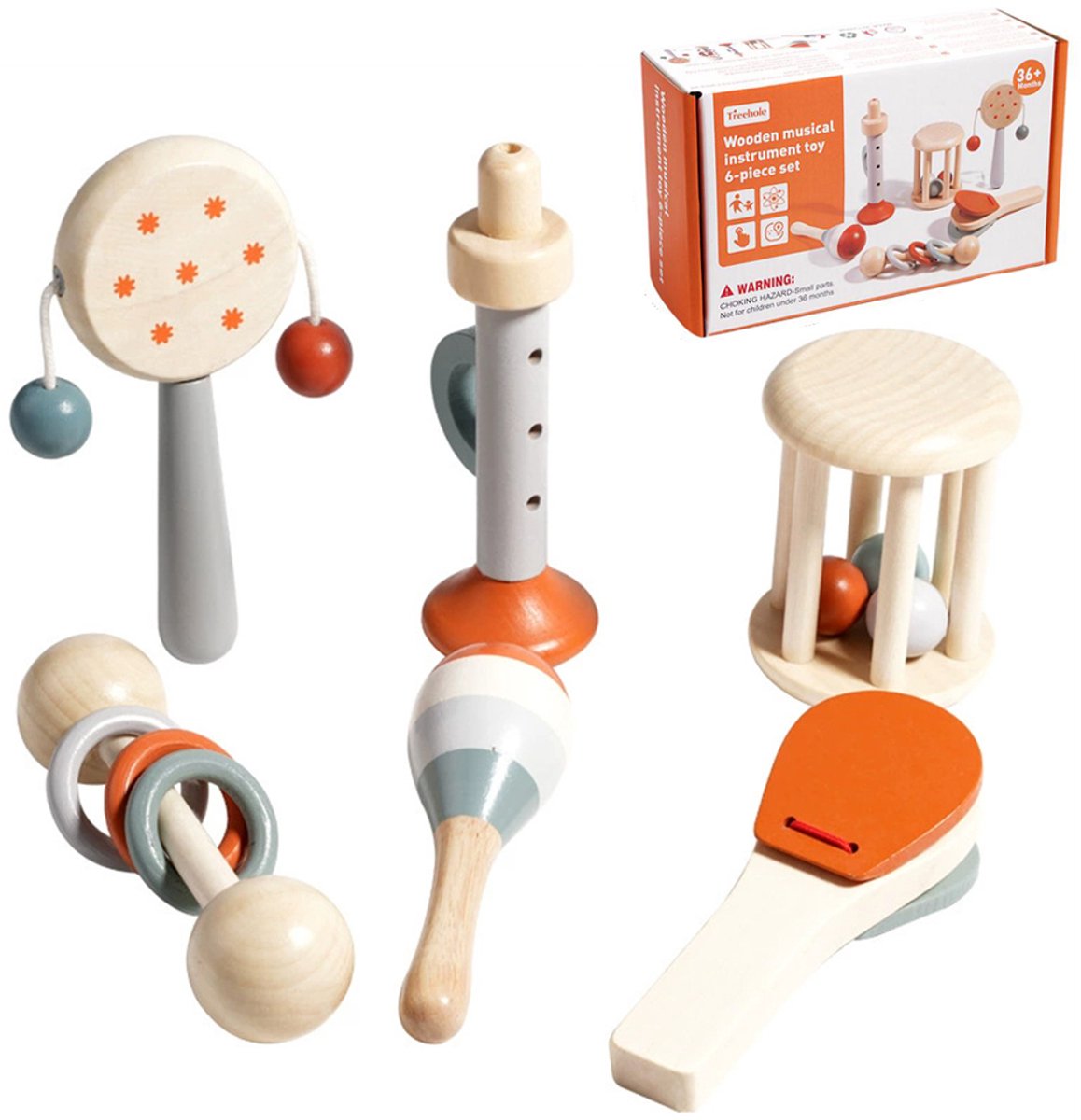 6-delige houten muziekinstrumentenset, Montessori muziekinstrumenten, houten percussietrommel voor kinderen, Montessori muziekspeelgoed voor jonge kinderen, kinderspeelgoed voor 1-5 jaar