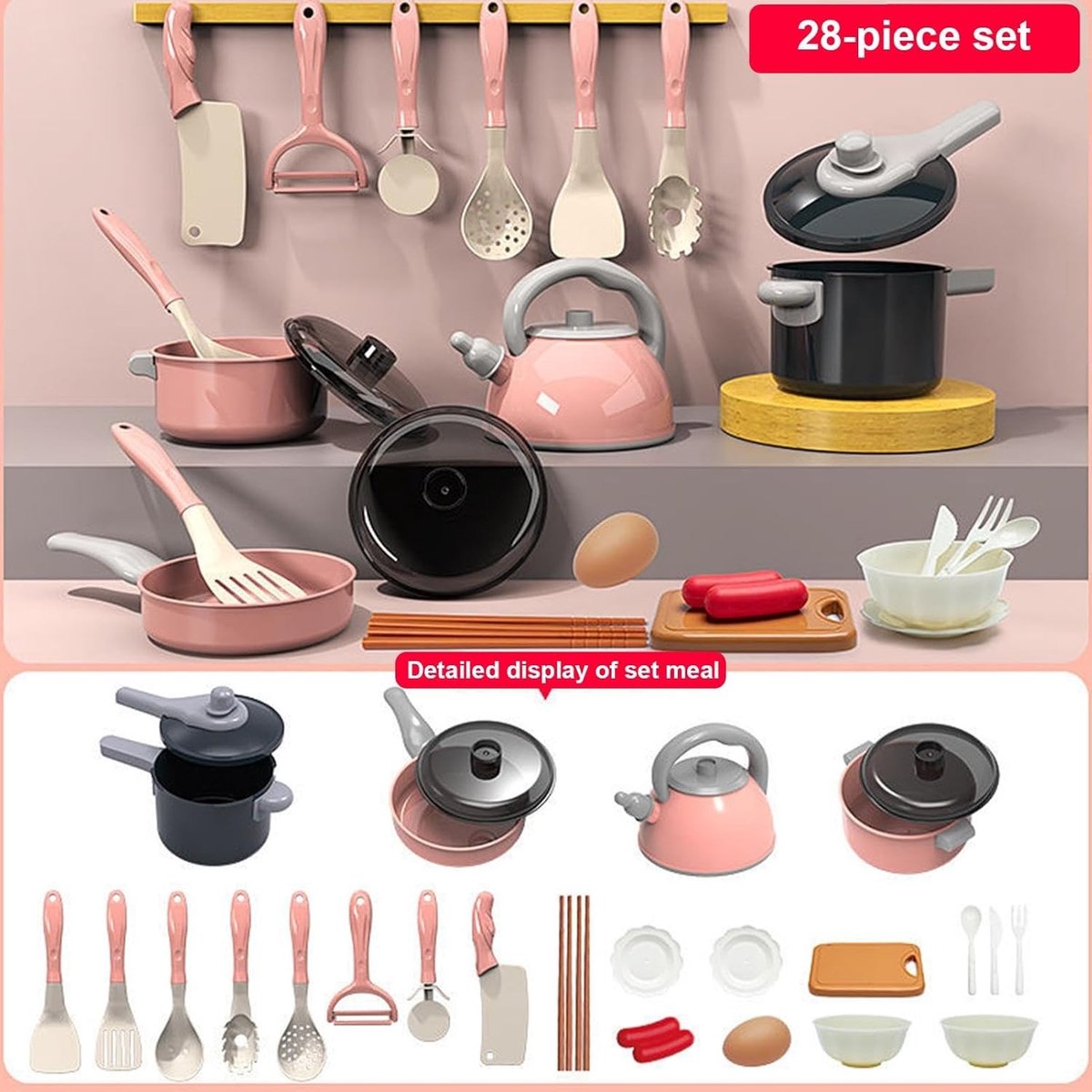 Accessoires voor keukenspeelgoed, speelgoedkeukenset voor kinderen, 28-delige kookset, kookgerei, speelgoed - educatieve nepkeukenaccessoires, leuk nep kookgerei voor kinderen, meisjes, jongens