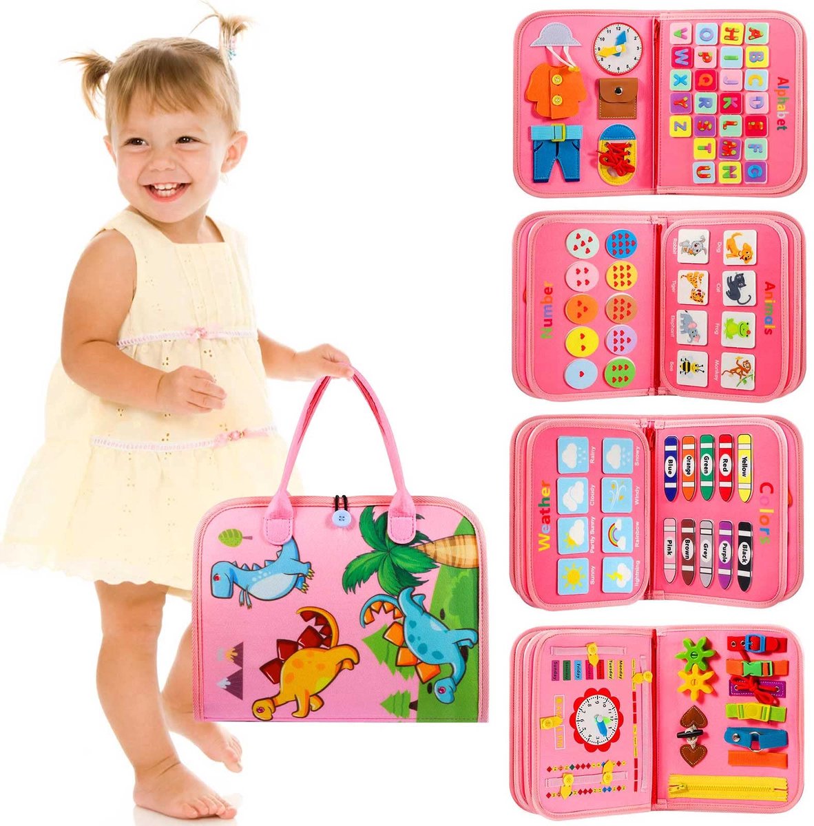 Activiteitenbord voor peuters, Montessori-speelgoed voor meisjes, verjaardagscadeau, educatief leerboek voor peuters, kinderactiviteiten (roze)