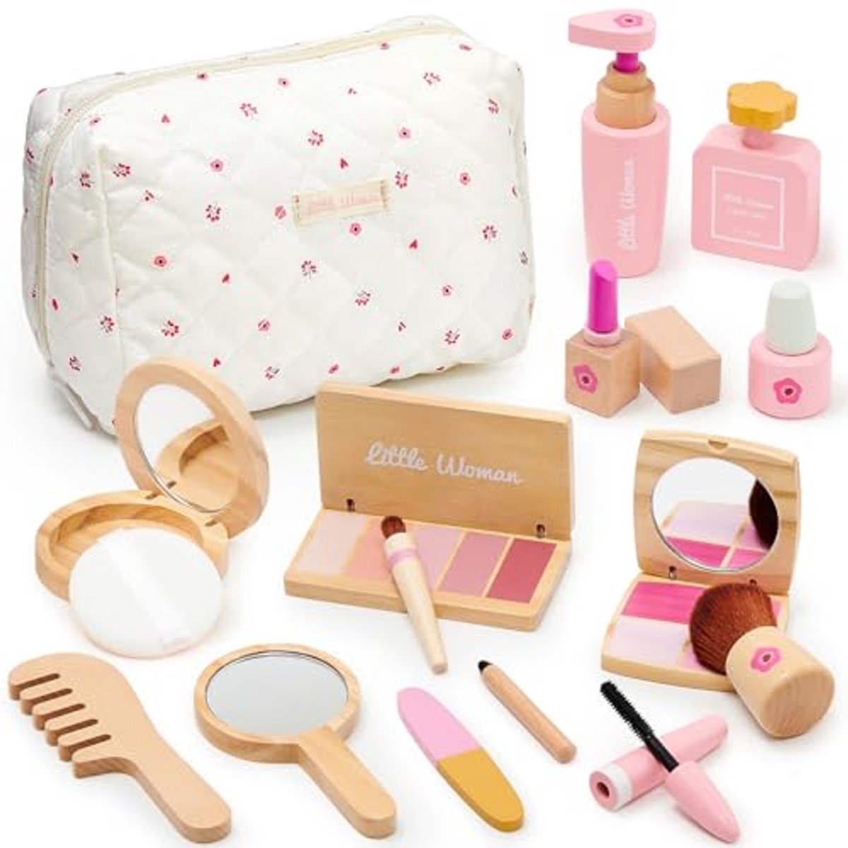 Houten kindermake-upset - Meisjes make-up speelgoed - Rollenspel schoonheidsset, make-uptas van hout - Kerst verjaardagscadeau voor meisjes van 3 4 5 6 7 jaar
