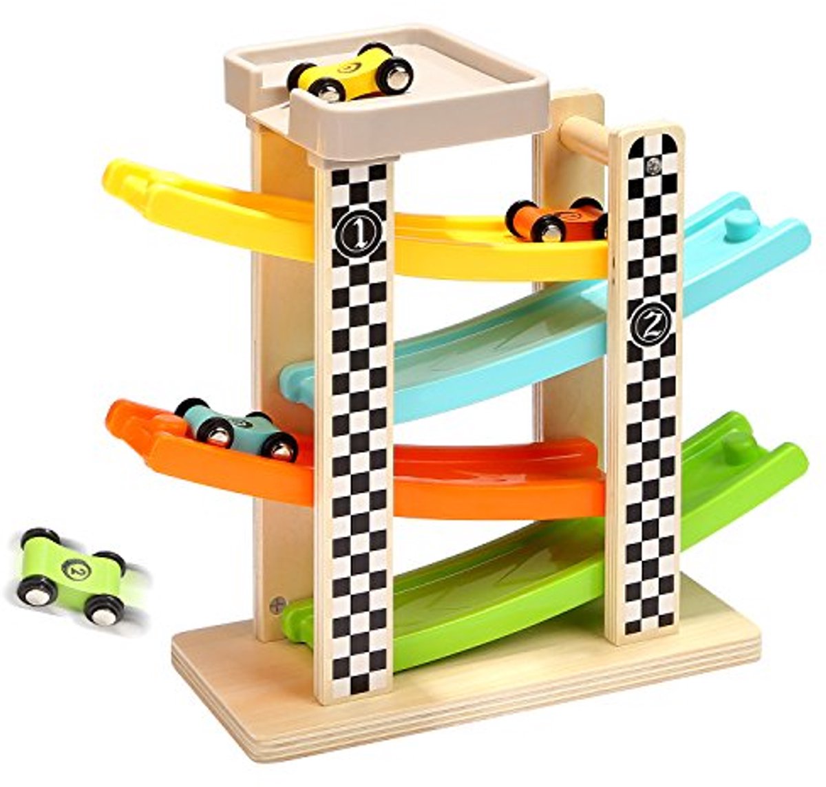 Houten racebaan auto ramp speelgoed voor peuters - 1-2 jaar oude babys, motoriek, racebanen, auto ramp voertuigen, speelsets - met 4 mini-autos