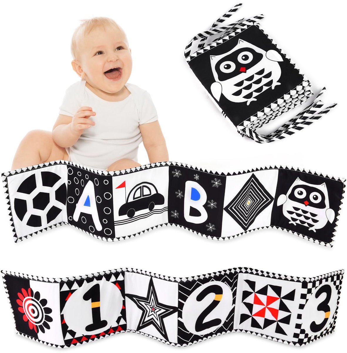 Knisperboekje Baby - Speelgoed Tummy Time - Buikligtrainer - Montessori Boekjes eerste jaar 0 1 2 - Boek 6 maanden - Babyboek buggyboekje - Babyspeelgoed - Box Activiteitenboek - Uil