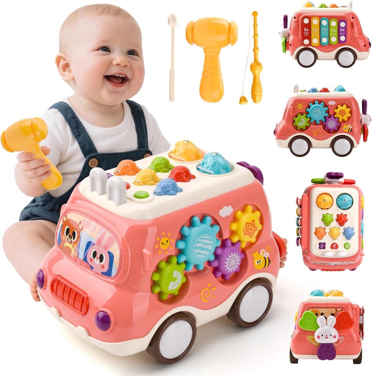 Speelgoed voor jongens van 1 jaar, Montessori speelgoedauto met xylofoon voor kinderen, muzikaal speelgoed voor babys, Montessori educatieve speelgoedspellen voor 1-2 jaar, cadeau voor babyjongens en meisjes (roze)