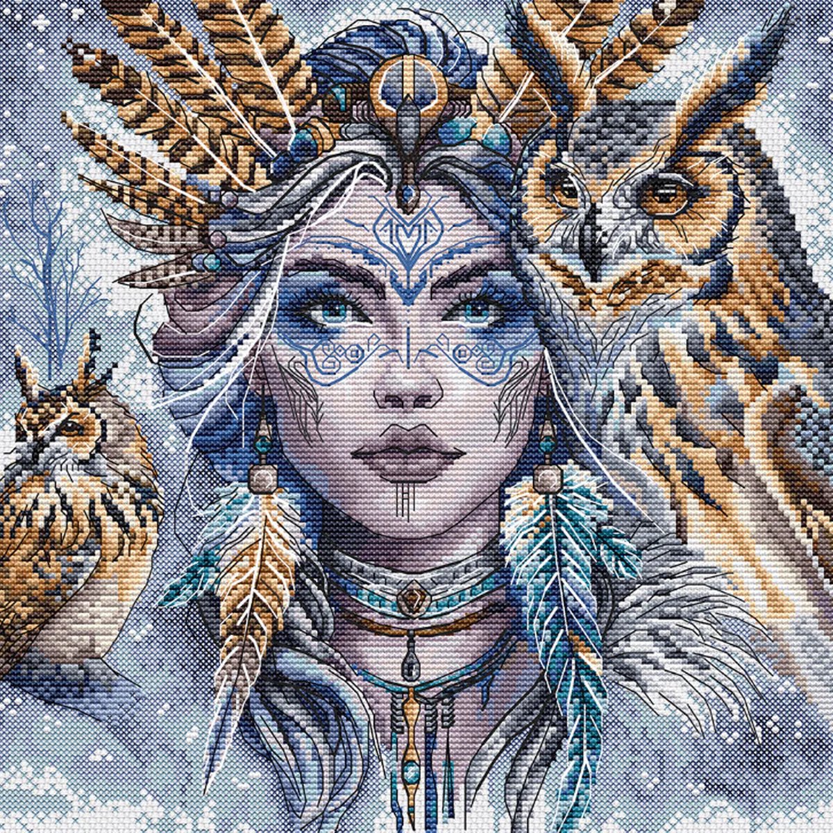 Borduurpakket AVA stitch - The Warrior and her Guardian Owls - De Krijger en haar Bescherm Uilen - 077 - Telpatroon