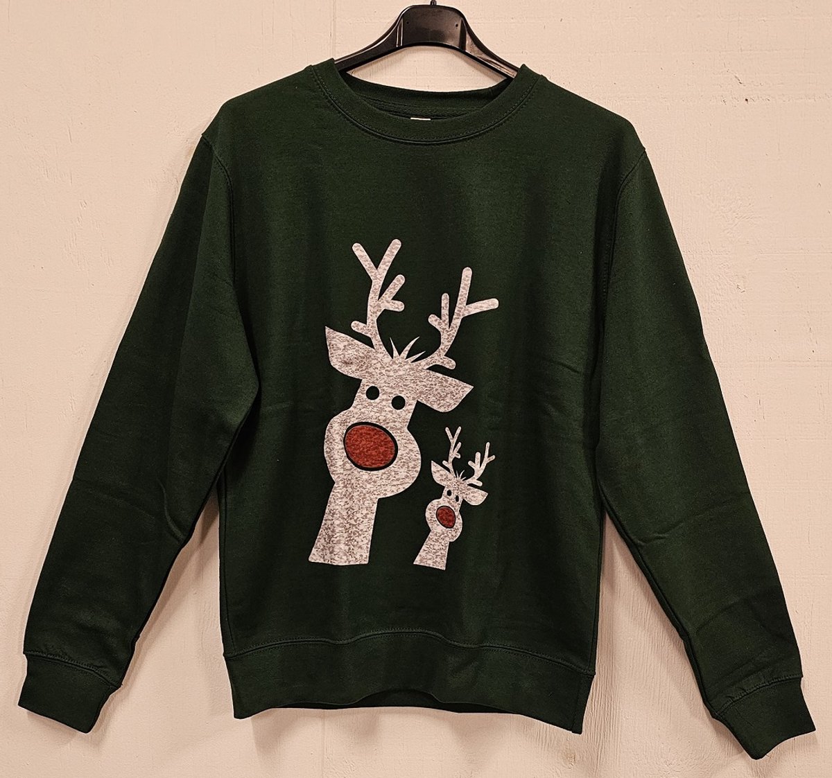 Rendier Buddys - Foute Kersttrui Kerstcadeau - Dames / Heren / Unisex Kleding - Grappige Kerst Outfit - Glitter Look - Sweater - Donker Groen - maat S