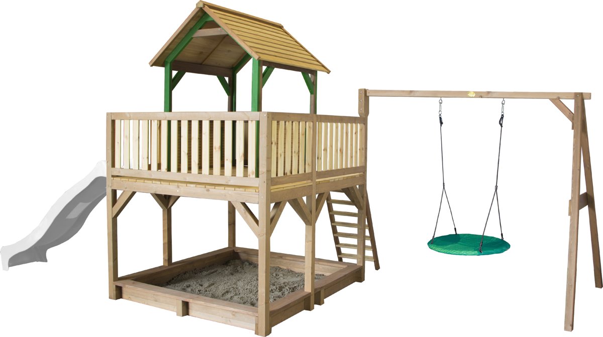 AXI Atka Speeltoren met Summer Nestschommel Bruin/groen - Zandbak incl. hoes - Witte Glijbaan