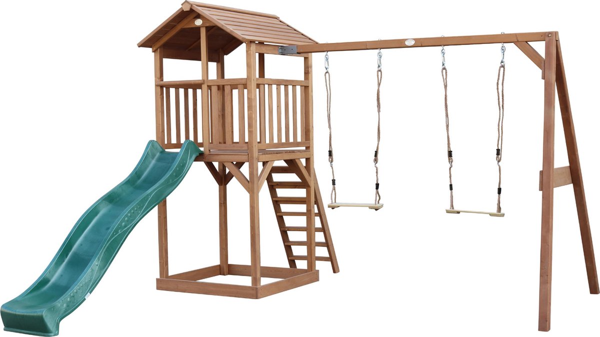   Beach Tower Speeltoren met Dubbele Schommel Bruin - Groene Glijbaan - Zandbak - FSC Hout