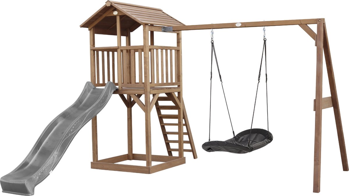 AXI Beach Tower Speeltoren met Roxy Nestschommel Bruin - Grijze Glijbaan - Zandbak - FSC Hout