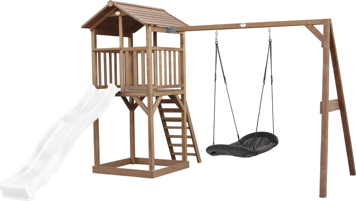   Beach Tower Speeltoren met Roxy Nestschommel Bruin - Witte Glijbaan - Zandbak - FSC Hout