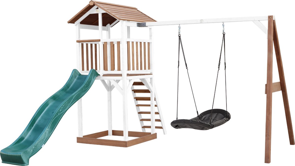 AXI Beach Tower Speeltoren met Roxy Nestschommel Bruin/wit - Groene Glijbaan - Zandbak - FSC Hout