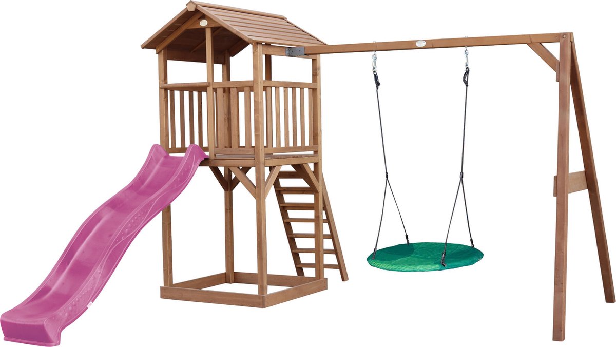 AXI Beach Tower Speeltoren met Summer Nestschommel Bruin - Paarse Glijbaan - Zandbak - FSC Hout