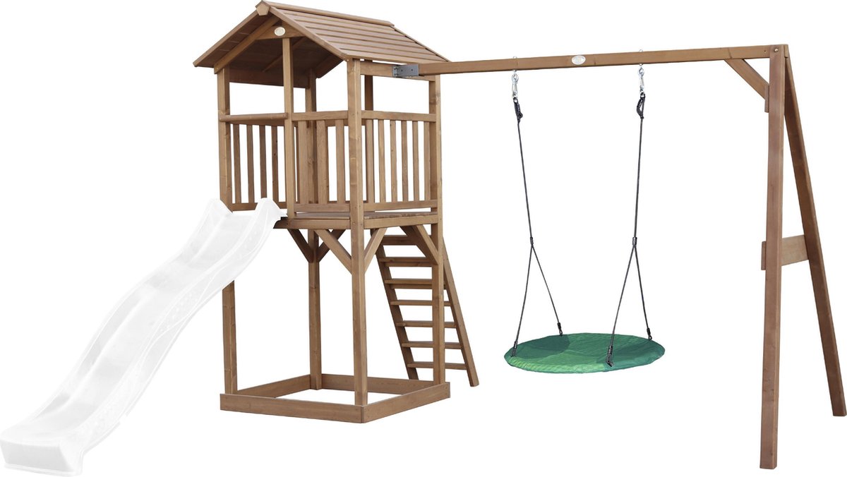   Beach Tower Speeltoren met Summer Nestschommel Bruin - Witte Glijbaan - Zandbak - FSC Hout