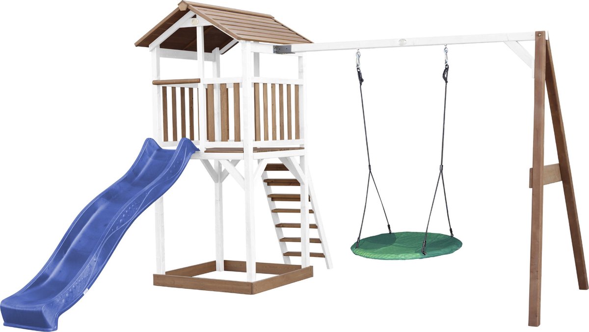   Beach Tower Speeltoren met Summer Nestschommel Bruin/wit - Blauwe Glijbaan - Zandbak - FSC Hout