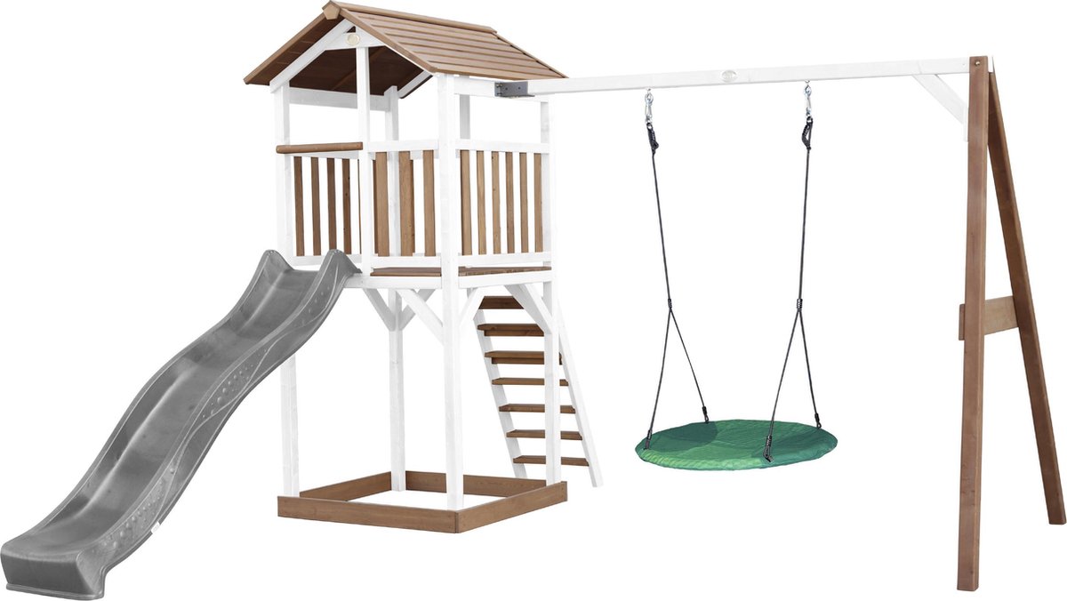 AXI Beach Tower Speeltoren met Summer Nestschommel Bruin/wit - Grijze Glijbaan - Zandbak - FSC Hout