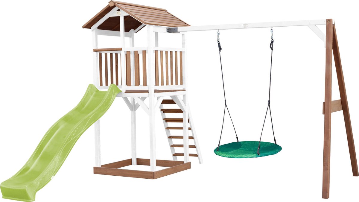 AXI Beach Tower Speeltoren met Summer Nestschommel Bruin/wit - Limoen groene Glijbaan - Zandbak - FSC Hout