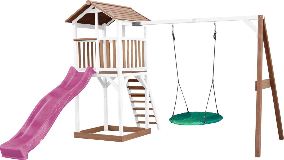   Beach Tower Speeltoren met Summer Nestschommel Bruin/wit - Paarse Glijbaan - Zandbak - FSC Hout