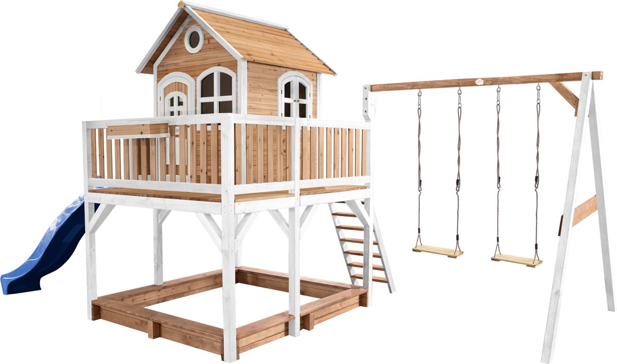   Classic Liam Speelhuis met Dubbele Schommel Bruin/wit - Blauwe Glijbaan