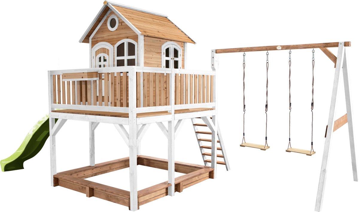   Classic Liam Speelhuis met Dubbele Schommel Bruin/wit - Limoen groene Glijbaan