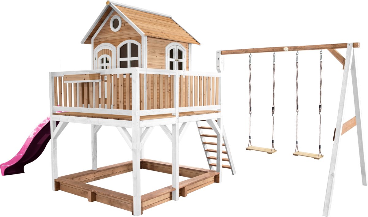 AXI Classic Liam Speelhuis met Dubbele Schommel Bruin/wit - Paarse Glijbaan
