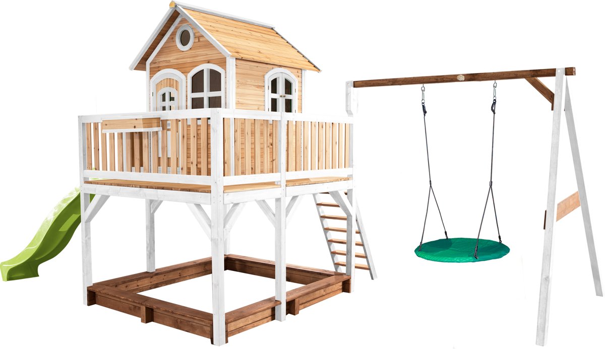   Classic Liam Speelhuis met Summer Nestschommel Bruin/wit - Limoen groene Glijbaan