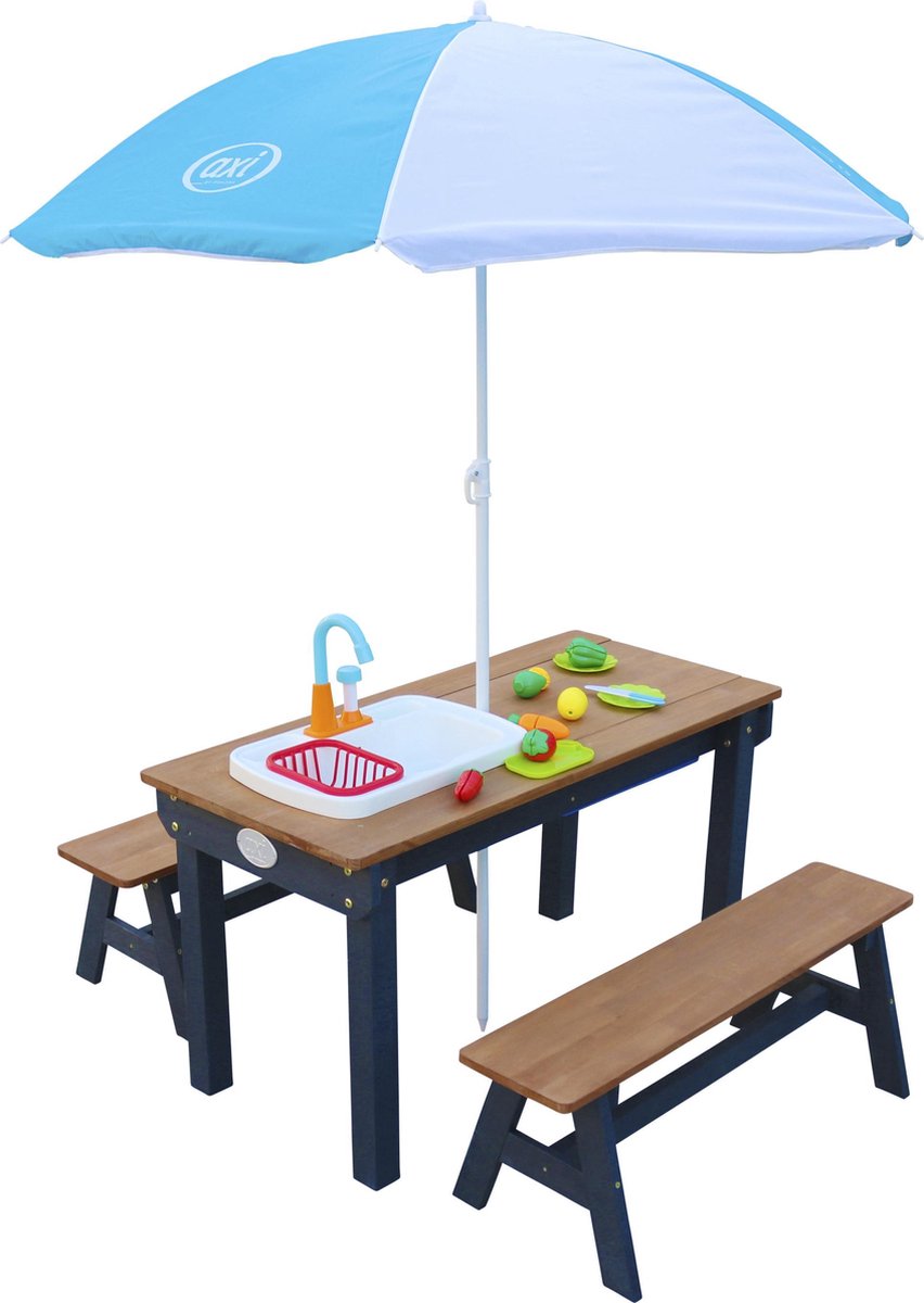 AXI Dennis Zand & Water Picknicktafel met Speelkeuken wastafel en losse bankjes Antraciet/bruin - Parasol Blauw/wit - Incl. 17-delige accessoire-set