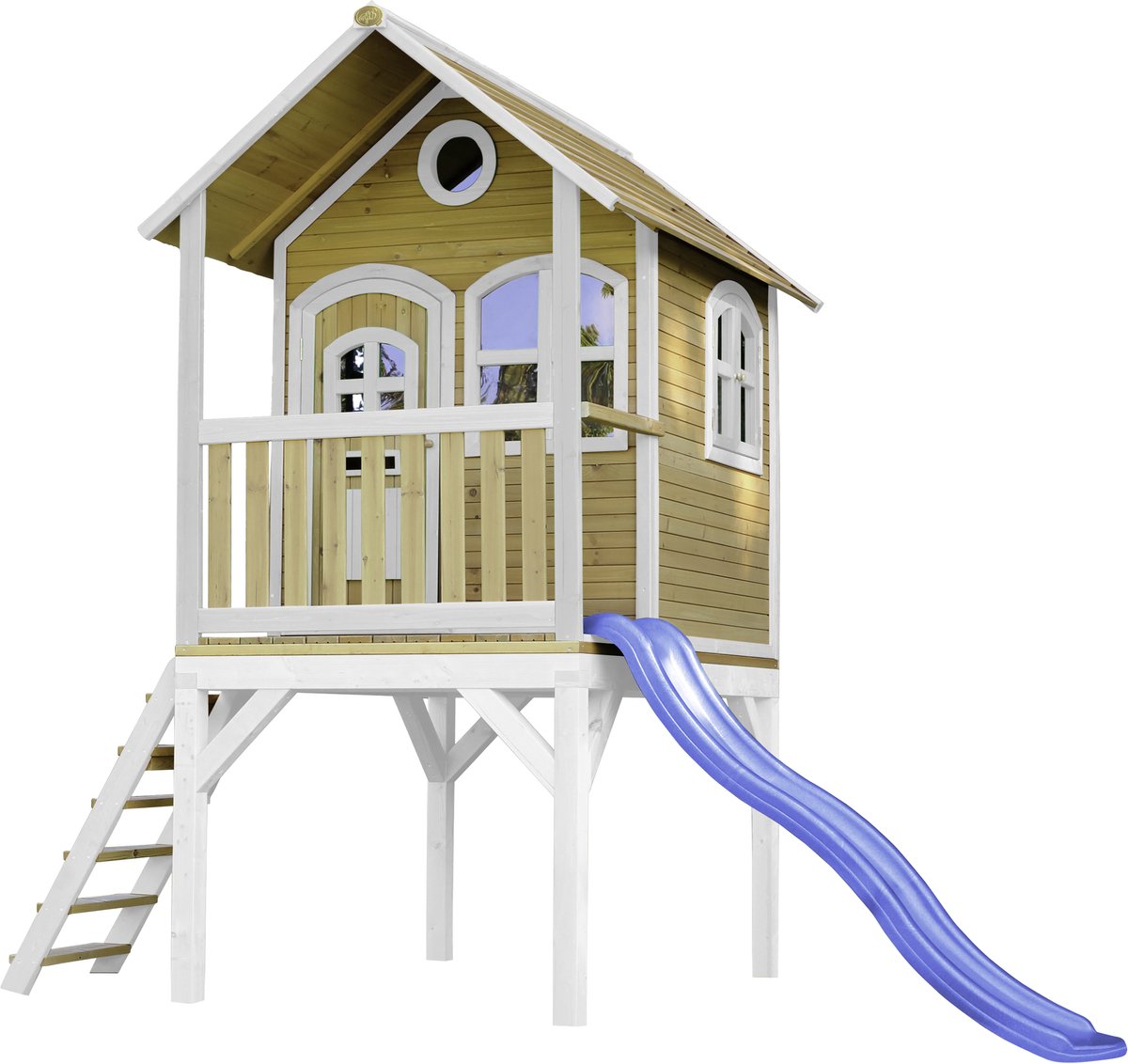   Laura   Bruin/wit – Blauwe Glijbaan – Classic speelhuisje met verdieping en ladder – FSC hout - Speeltoestel voor kinderen