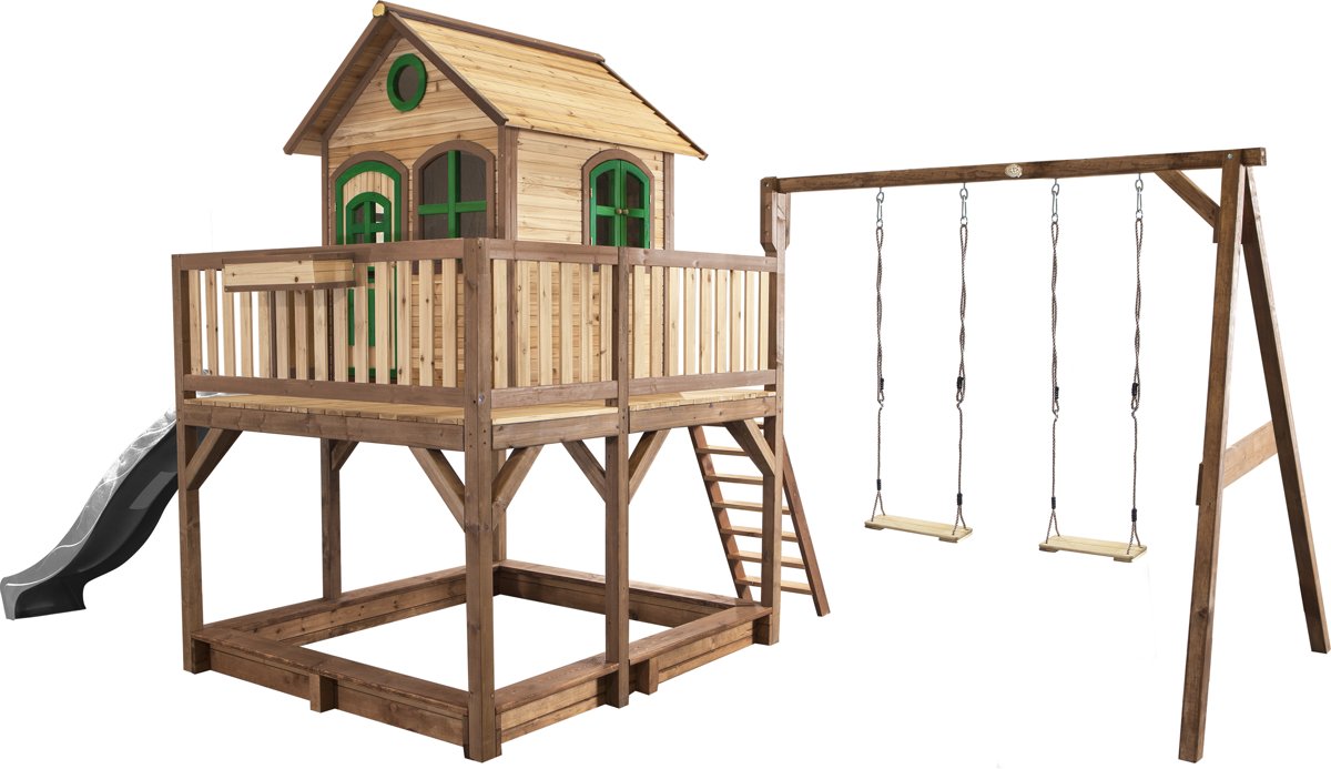   Liam Speelhuis met Dubbele Schommel Bruin/groen - FSC - Zandbak incl. hoes - Grijze Glijbaan