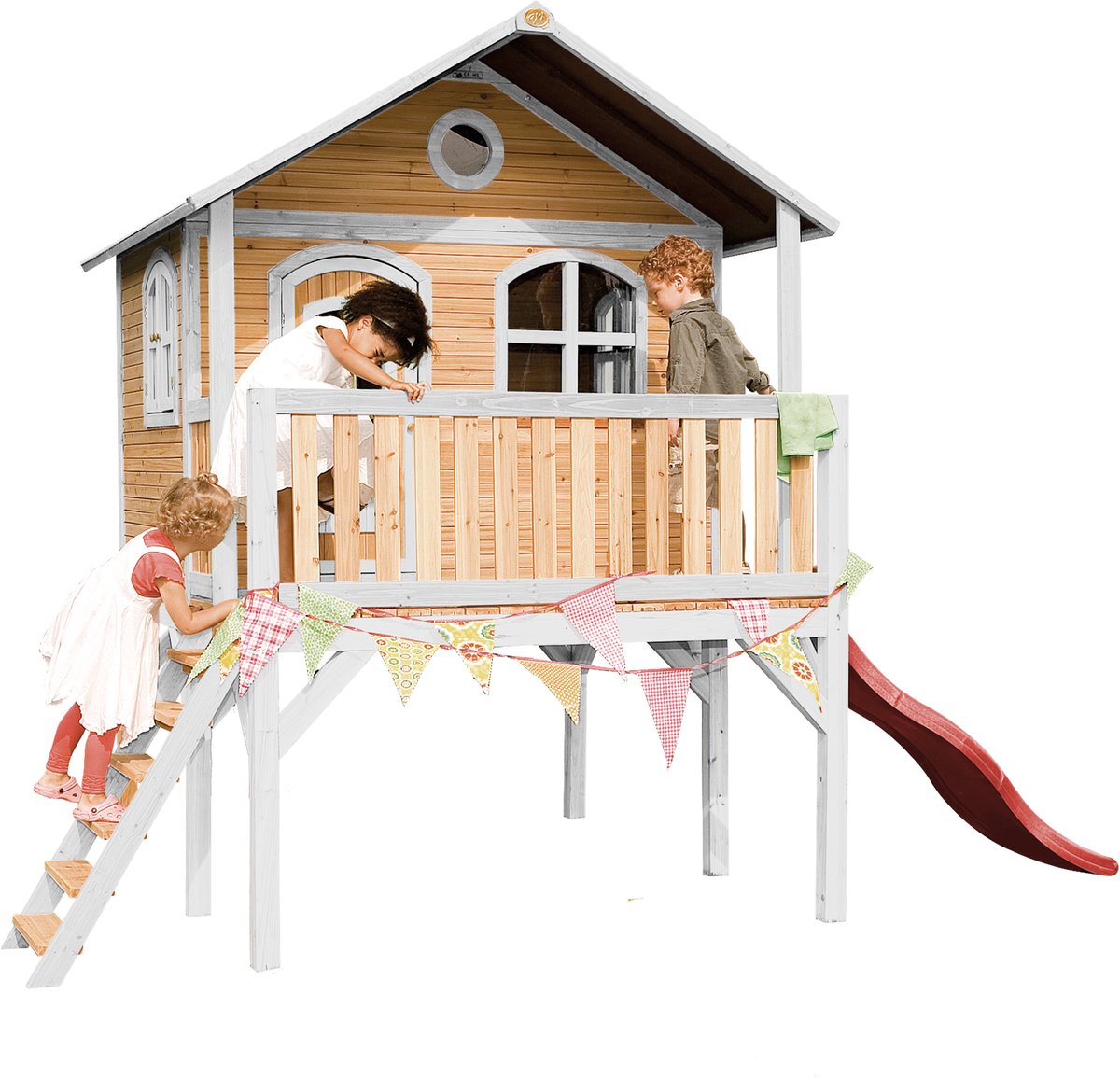   Sophie   Bruin/wit – Rode Glijbaan – Classic speelhuisje met verdieping en ladder – FSC hout - Speeltoestel voor kinderen