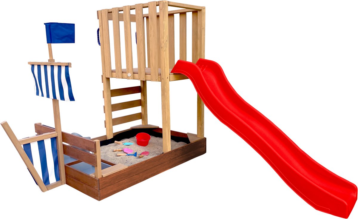 AXI Vicky Speeltoren Vikingboot Bruin met Zandbak en Speelkeuken – Rode Glijbaan – Met Krijtbord – FSC hout – Met vlag en zeilen – Speeltoestel voor kinderen