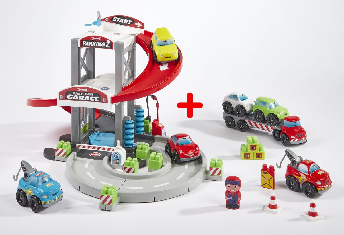   speelgoed garage met transporter en autos - autogarage speelset.