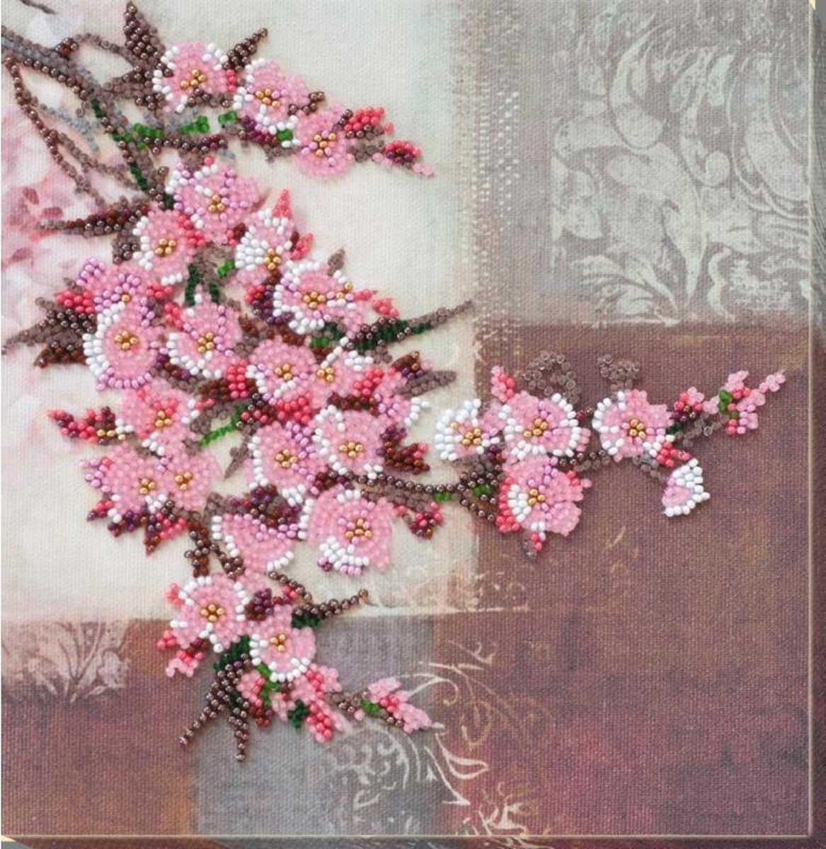 Borduurpakket met KRALEN - SAKURA BRANCH - ABRIS ART - 20 x 20 cm