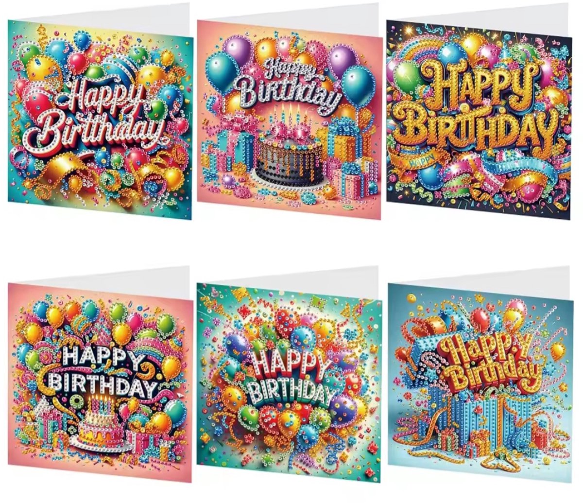 Diamond Painting Kaarten - Verjaardag - Felicitatie - Feest - Slingers - Ballonnen - Taart