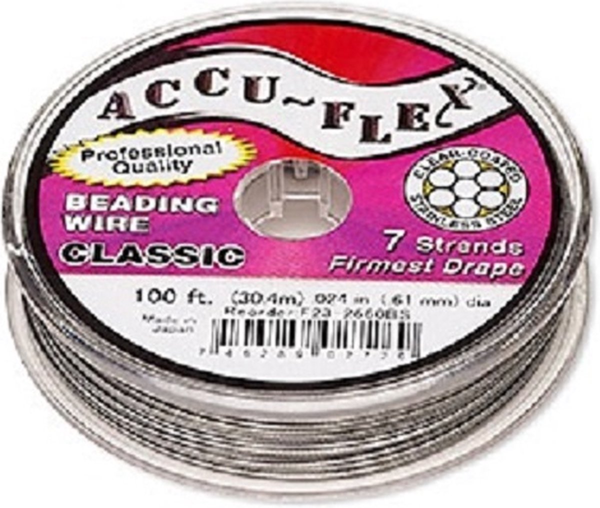 ACCU-FLEX Rijgdraad, 7 draads, helder gecoat RVS, dikte 0,61mm. Verkocht per spoel van 30,5 meter