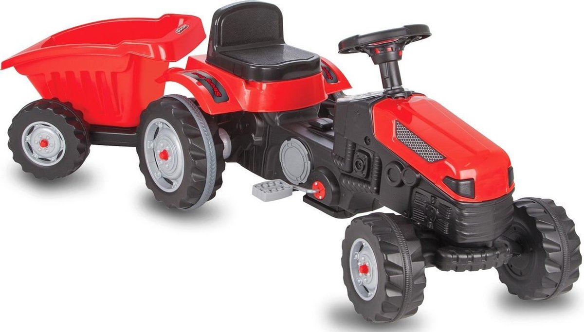   - Rood - Tractor -  en -   met aanhanger –   aanhangwagen – Traptrekker – Tractor buitenspeelgoed – Looptractor – Traptrekker met aanhanger – Tractor met aanhanger