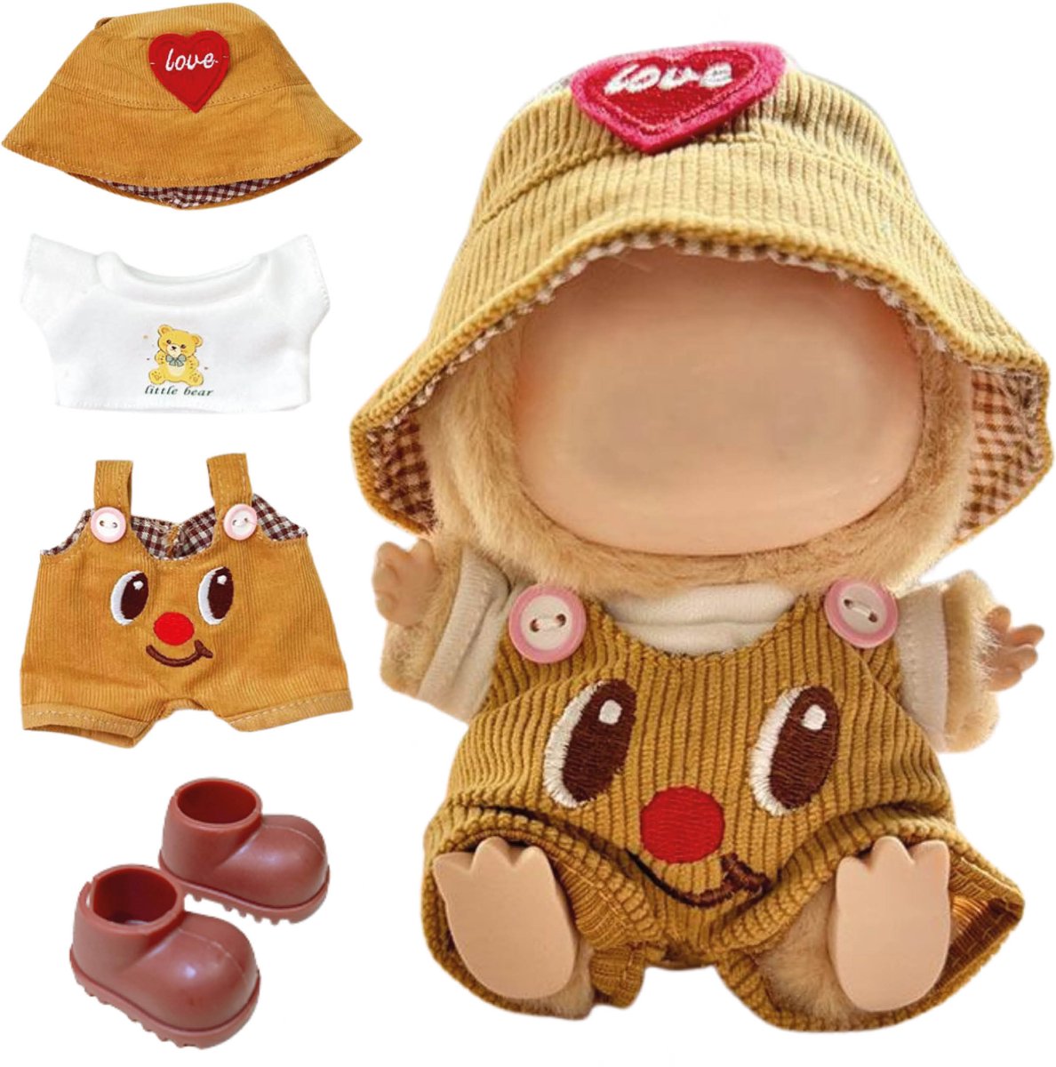 ADEL Kleding Geschikt voor Labubu Pop 17 cm – Inclusief Hoed, Romper en Schoenen – Schattige Poppenkleertjes – Complete Outfit met Accessoires Geel