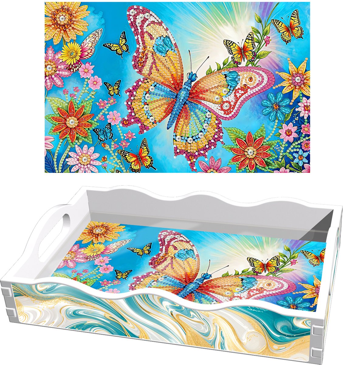 Adorzy Diamond Painting Dienblad Vlinder Met Bloemen – Diamond Painting Volwassenen – Diamond Painting Volledig Pakket - DIY Pakket
