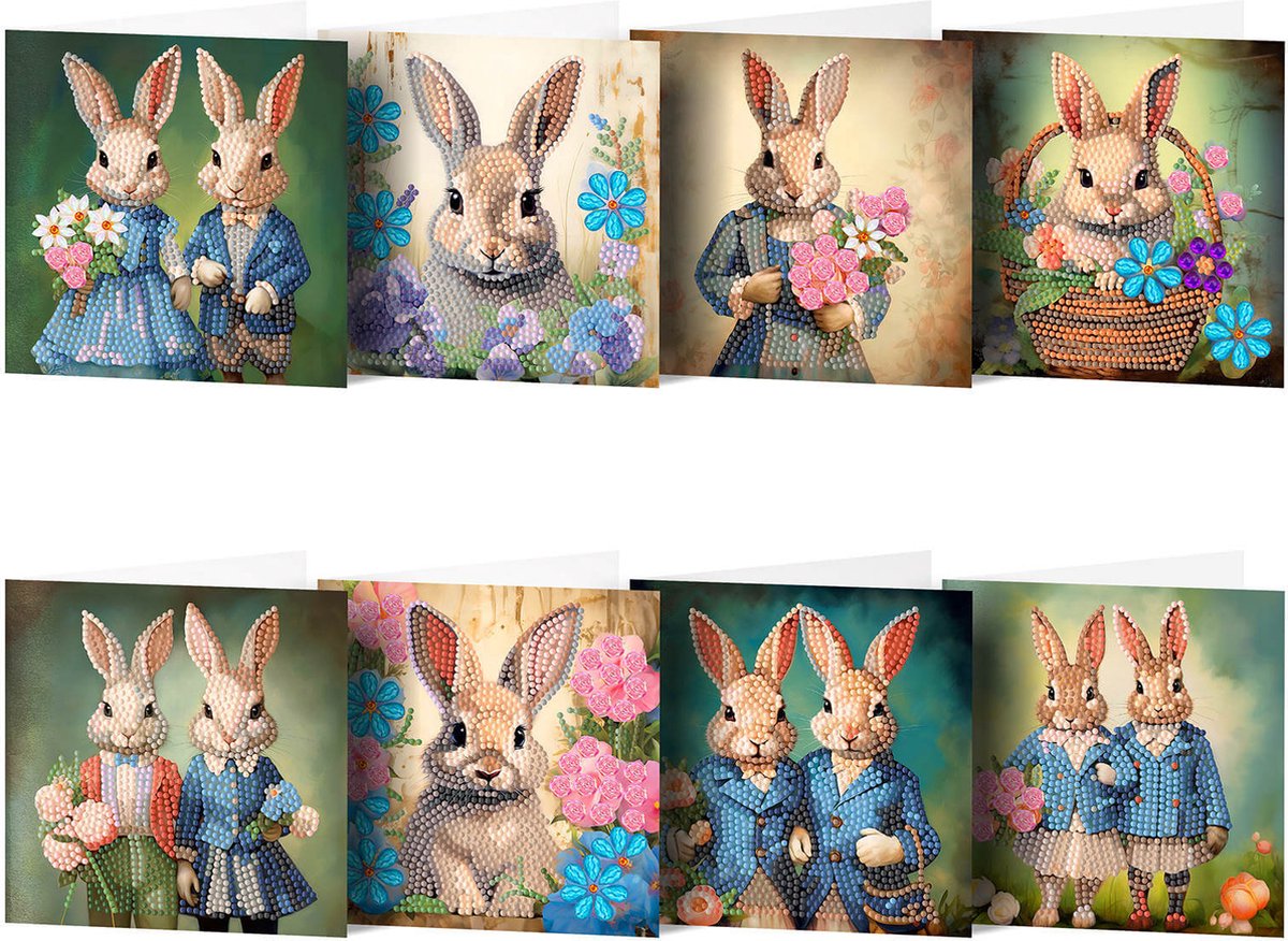 Adorzy Diamond Painting Kaarten Konijnen - Pasen – 8 Wenskaarten met envelop - Diamond Painting Volwassenen – Diamond Painting Volledig Pakket