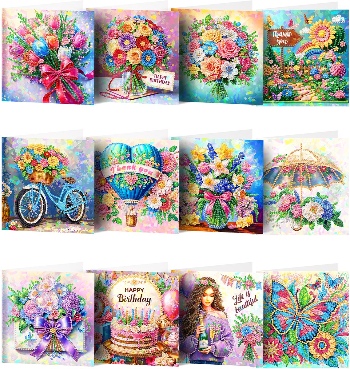 Adorzy Diamond Painting Kaarten – 12 Wenskaarten met envelop - Diamond Painting Volwassenen – Diamond Painting Volledig Pakket
