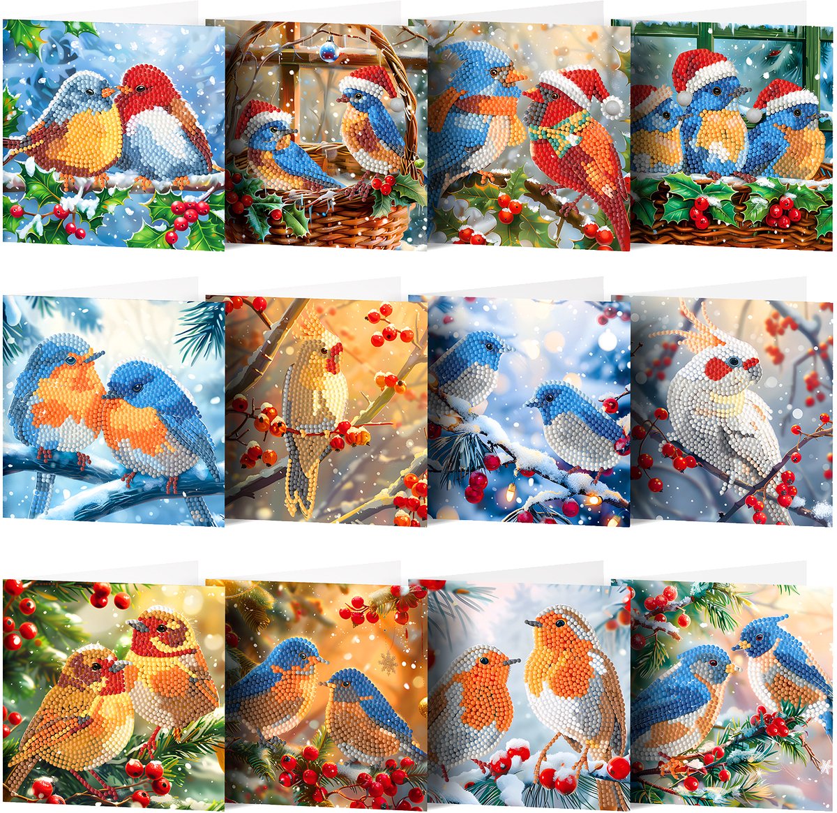 Adorzy Diamond Painting Kerstkaarten Met Vogels – 12 stuks - 15x15 cm - Diamond Painting pakket volledig – Diamond Painting Volwassenen