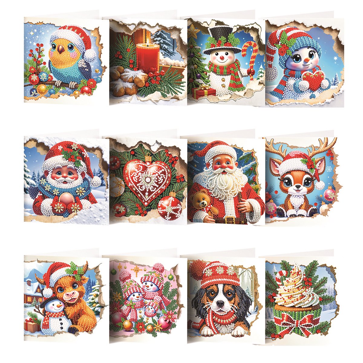 Adorzy Diamond Painting Kerstkaarten – 12 stuks - 15x15 cm - Diamond Painting pakket volledig – Diamond Painting Volwassenen