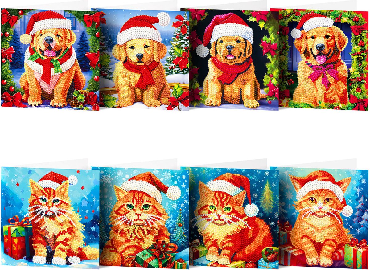 Adorzy Diamond Painting Kerstkaarten – 8 stuks - 15x15 cm - Diamond Painting pakket volledig – Diamond Painting Volwassenen