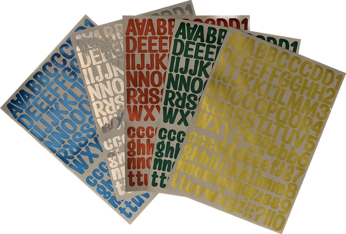 plakletters - glitter - 5 vellen - met cijfers - rood - groen- blauw - zilver - goud