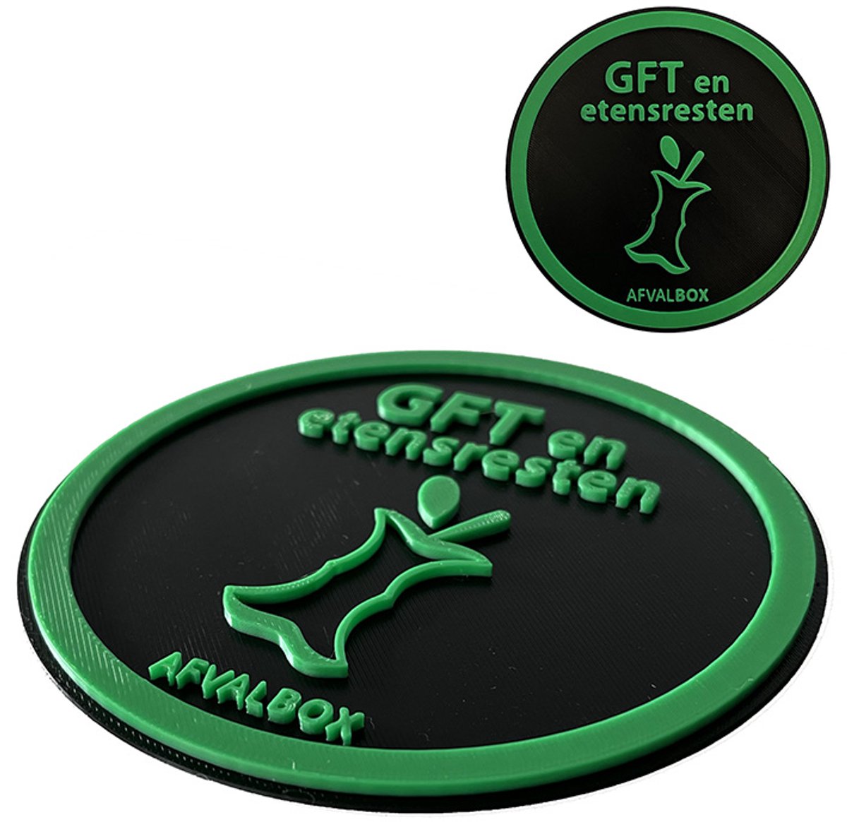 Afvalsticker GFT – 3D Opdruk – Bio Kunststof Bordje – Met tape – Ø12 cm – 3 mm Dik