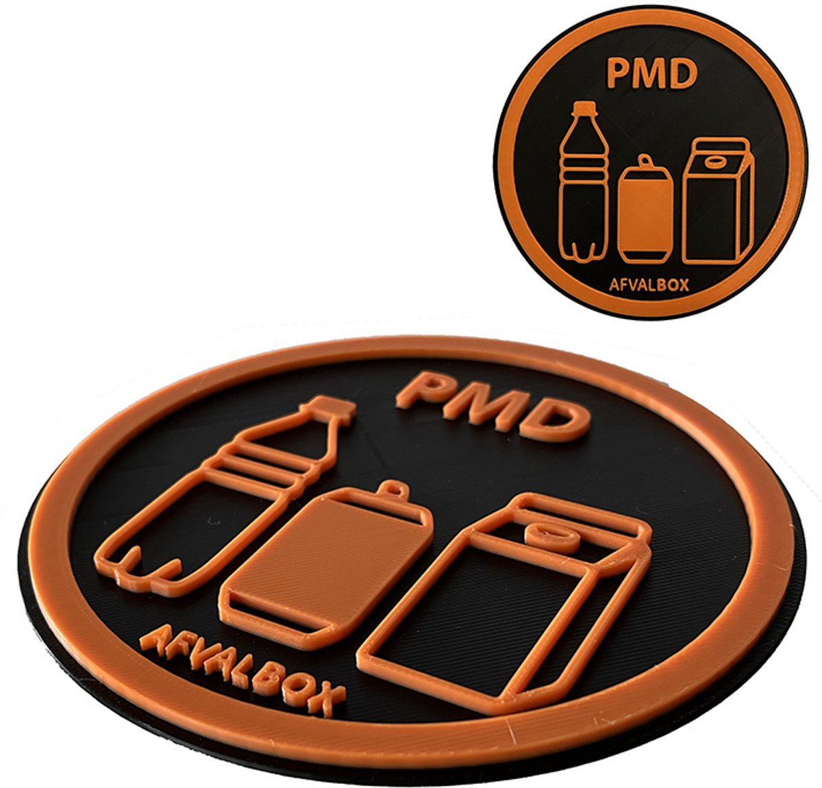 Afvalsticker PMD – 3D Opdruk – Bio Kunststof Bordje – Met tape – Ø12 cm – 3 mm Dik