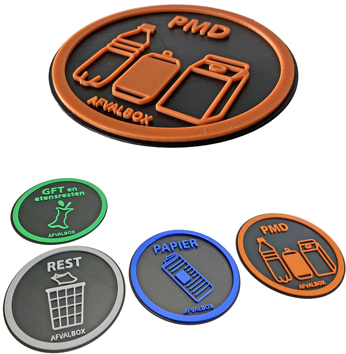 Afvalsticker Set – 4x Bordje Rest / Papier / PMD / GFT – 3D Opdruk – Bio Kunststof – Ø12 cm – Met Tape – 3 mm Dik