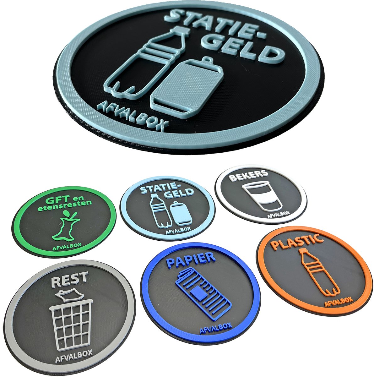 Afvalsticker Set – 6x Bordje Rest / Papier / Plastic / GFT / Statiegeld / Bekers – 3D Opdruk – Bio Kunststof – Ø12 cm – Met Tape – 3 mm Dik